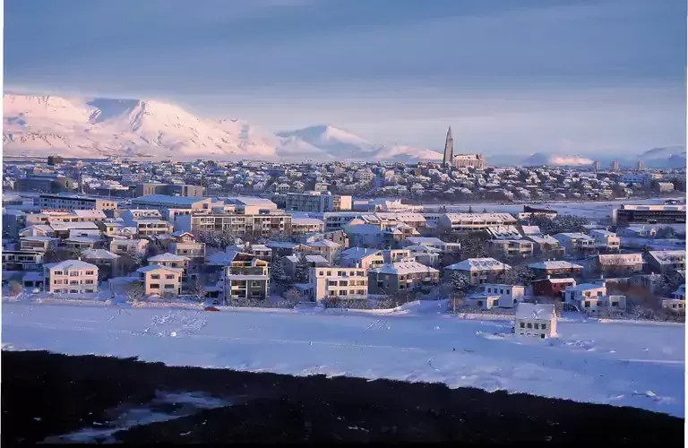 Snowy  overview of Reykjavík